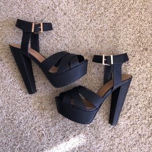 Black Strappy Heels with gold accent